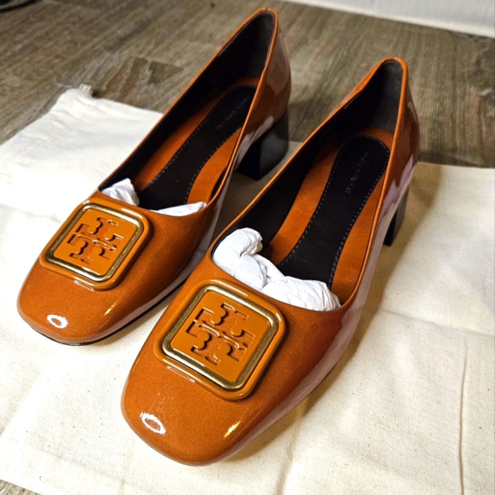Tory Burch Georgia Pump Size 7.5, 35mm Heels Patent Leather Brown Cuoio